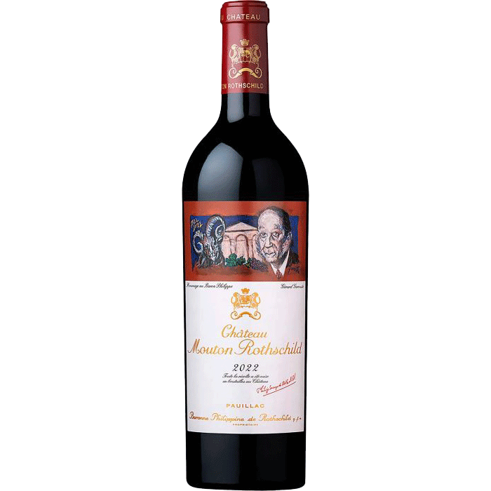 MoutonRothschild-2022 - Van Brandwijk Wijnkopers wine bottle: château mouton rothschild 2022 with red foil and illustrated label.