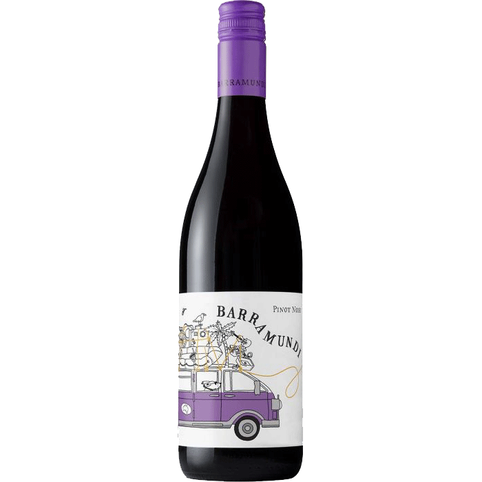 Barramundi-PinotNoir - Van Brandwijk Wijnkopers tall wine bottle with a purple screw cap; label shows 'barramundi' and a purple illustrated van on a white background