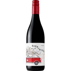 Bottle of red wine with a white illustrated label showing a red pickup truck and people, Shiraz style
