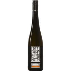 Tall wine bottle with a black screw cap and a rectangular label featuring abstract artwork and a small orange stripe at the bottom.