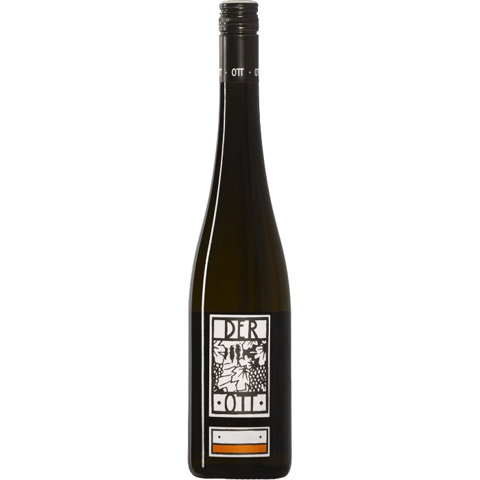 BernartOtt-DerOtt - Van Brandwijk Wijnkopers tall wine bottle with a black screw cap and a rectangular label featuring abstract artwork and a small orange stripe at the bottom.
