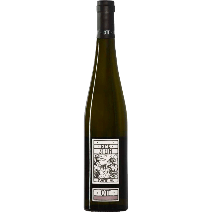 BernartOtt-RiedStein - Van Brandwijk Wijnkopers green wine bottle with black cap on a white background; label features a wine-plant illustration and text 'ried stein' on the front.