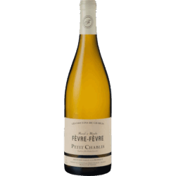 White wine bottle labeled Fèvre-Fèvre Petit Chablis with a cream label and pale glass, slender shape.