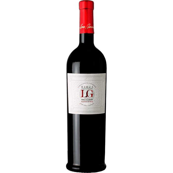LG-de-Leza-Garcia- - Van Brandwijk Wijnkopers bottle of rioja red wine with a red foil capsule and a white label reading lg, set against a white background.