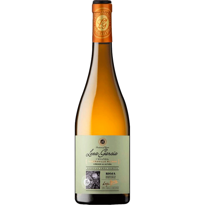 Leza-Grarcia-TempranilloBla - Van Brandwijk Wijnkopers bottle of white rioja wine with orange foil neck and pale green label, amber liquid inside.