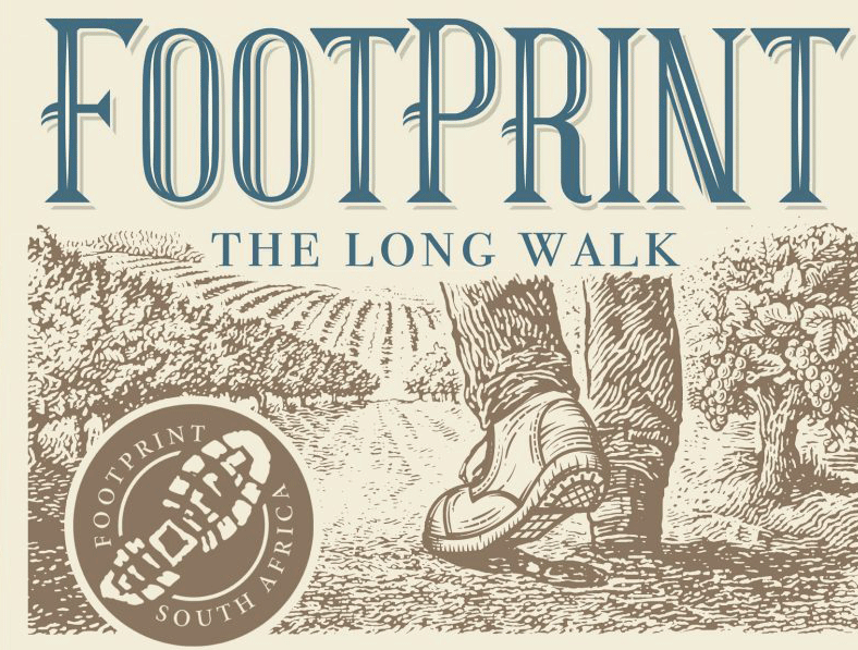 poster titled footprint: the long walk, showing a boot stepping along a dirt path with a circular footprint south africa emblem on the left.