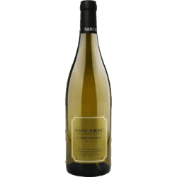 Bottle of Sancerre white wine with a gold label and black capsule, standing upright against a white background.
