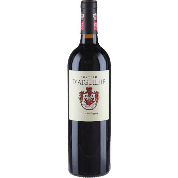 ChdAguilhe - Van Brandwijk Wijnkopers bottle of château d'aiguilhe red wine with a cream label and crest.