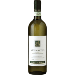Bottle of Vernaccia Fontaleoni white wine with white label and dark green capsule cap on a tall bottle