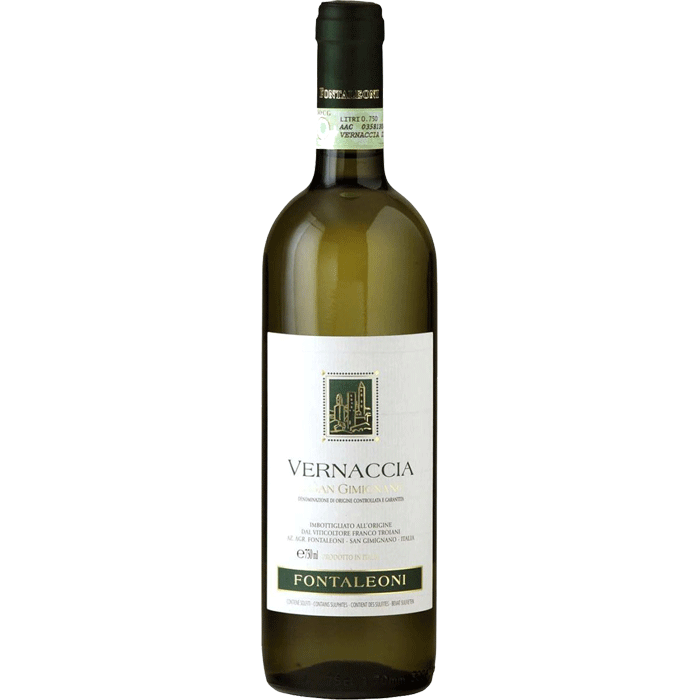 Fontaleoni-Vernaccia - Van Brandwijk Wijnkopers bottle of vernaccia fontaleoni white wine with white label and dark green capsule cap on a tall bottle