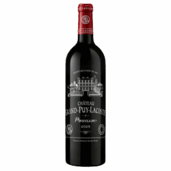 Bottle of Château Grand-Puy-Lacoste Pauillac 2025 red wine, with a red capsule and a chateau illustration on the label.