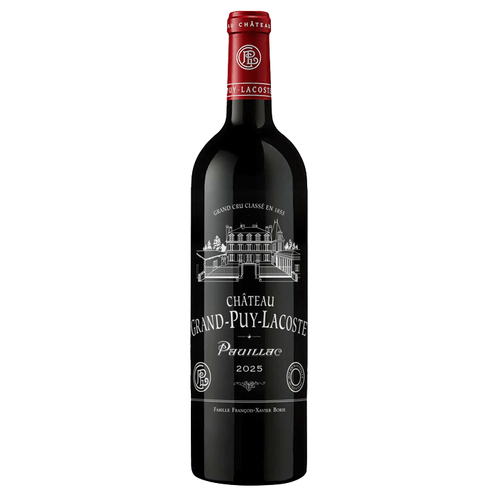 Grand-Puy-Lacoste25 - Van Brandwijk Wijnkopers bottle of château grand-puy-lacoste pauillac 2025 red wine, with a red capsule and a chateau illustration on the label.