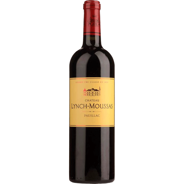 Lynch-Moussas - Van Brandwijk Wijnkopers bottle of château lynch-moussas pauillac red wine with yellow label and red foil capsule on a white background