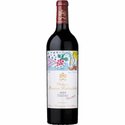 Bottle of Château Mouton Rothschild red wine, 2023 vintage, with a colorful, decorative label featuring grapes and swirls on a dark bottle.