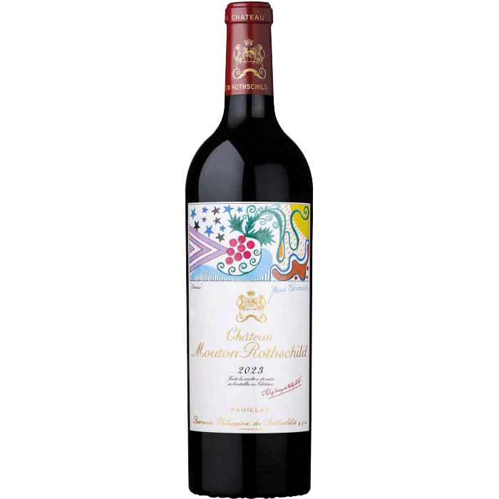 MoutonRothschild-2023-magnu - Van Brandwijk Wijnkopers bottle of château mouton rothschild red wine, 2023 vintage, with a colorful, decorative label featuring grapes and swirls on a dark bottle.