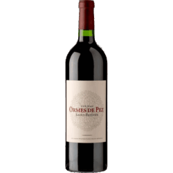 Red wine bottle standing upright with a cream label that reads 'Château Ormes de Pez Saint-Estèphe'