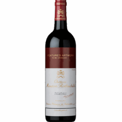 Wine bottle of Château Mouton Rothschild with a burgundy neck label and white main label featuring a gold crest.