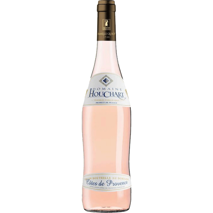 Pink Provence rosé wine bottle labeled Domaine Houchart, Côtes de Provence, with gold foil neck and white label.