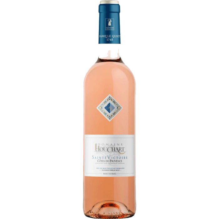 Bottle of Domaine Houchart Saint-Victoire Rosé from Côtes de Provence with blue foil cap on top of the bottle.