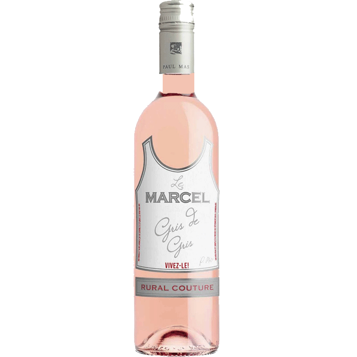 Pink rosé wine bottle with a white label reading Le Marcel Gris de Gris and Rural Couture on the banded label on the bottom.
